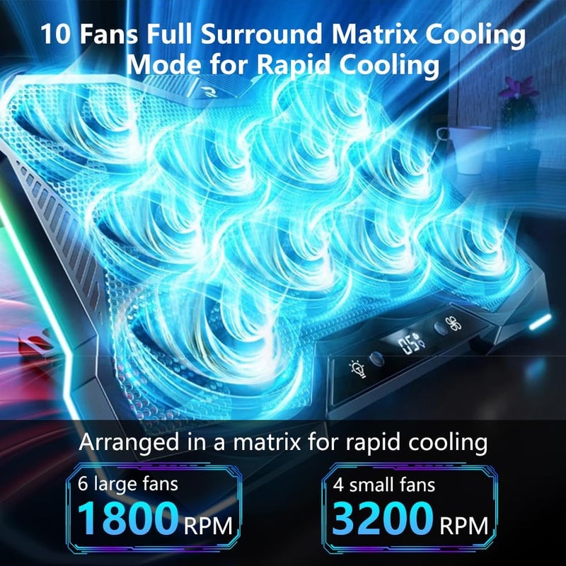 G-STORY Gaming Laptop Cooling Pad, Laptop Cooler with 10 Powerful Turbo Fans for 12-18 Inch Computer Notebook, 1 USB Port, 8 Height Adjustable Cooling Fan Stand - Image 2